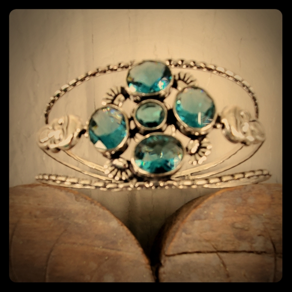New Blue Topaz Double Skull 925 Silver Adjustable Cuff Bracelet.